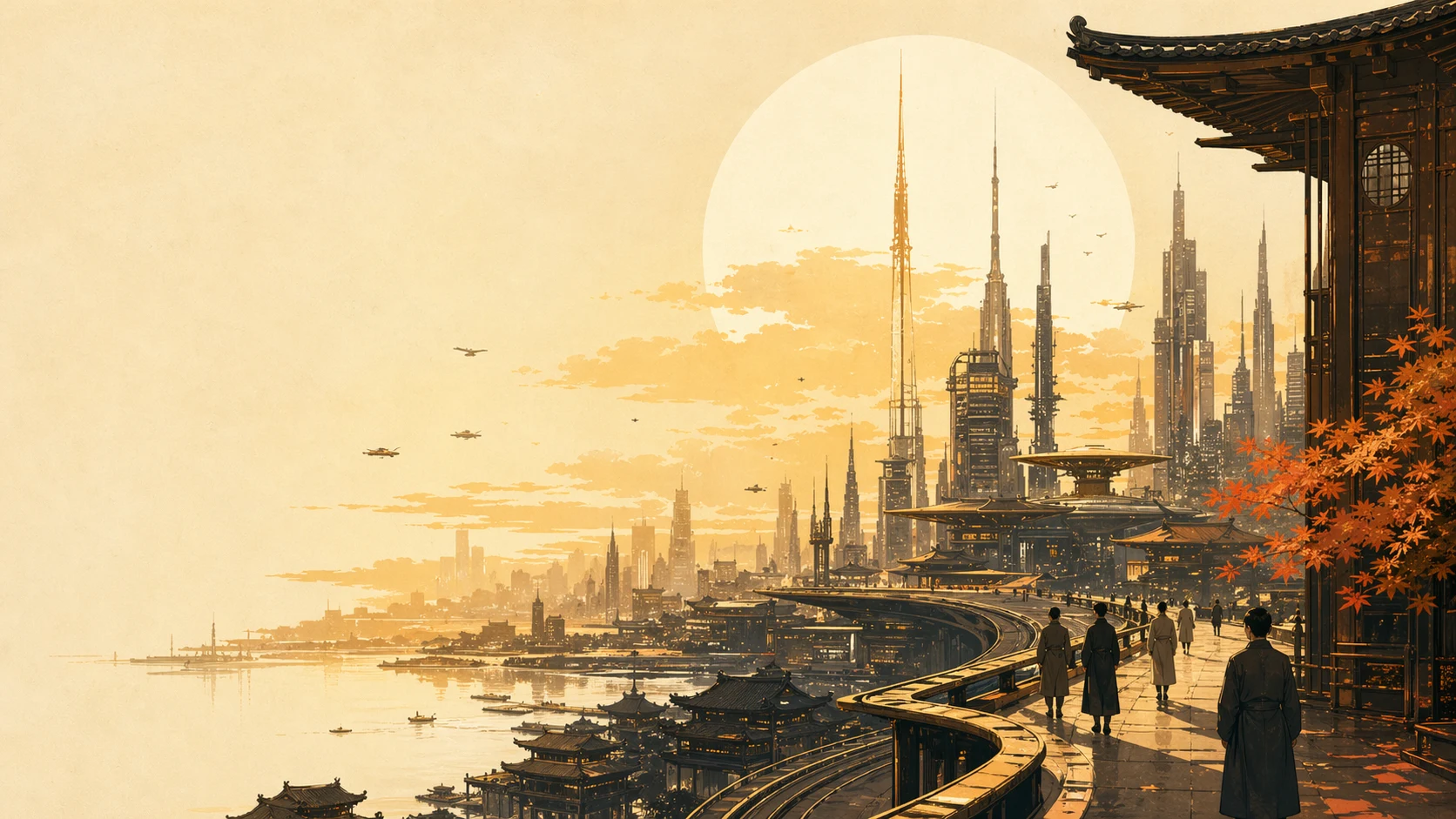 An illustrated golden future Tokyo skyline with towers, terraces, and visitors walking toward the conference venue.